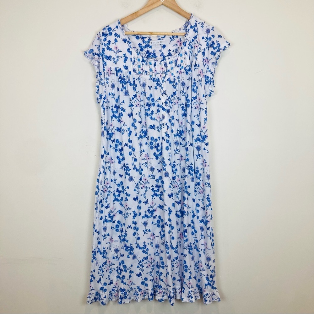 Eileen West blue white & pink floral short sleeve lace ribbon, trim nightgown.XL